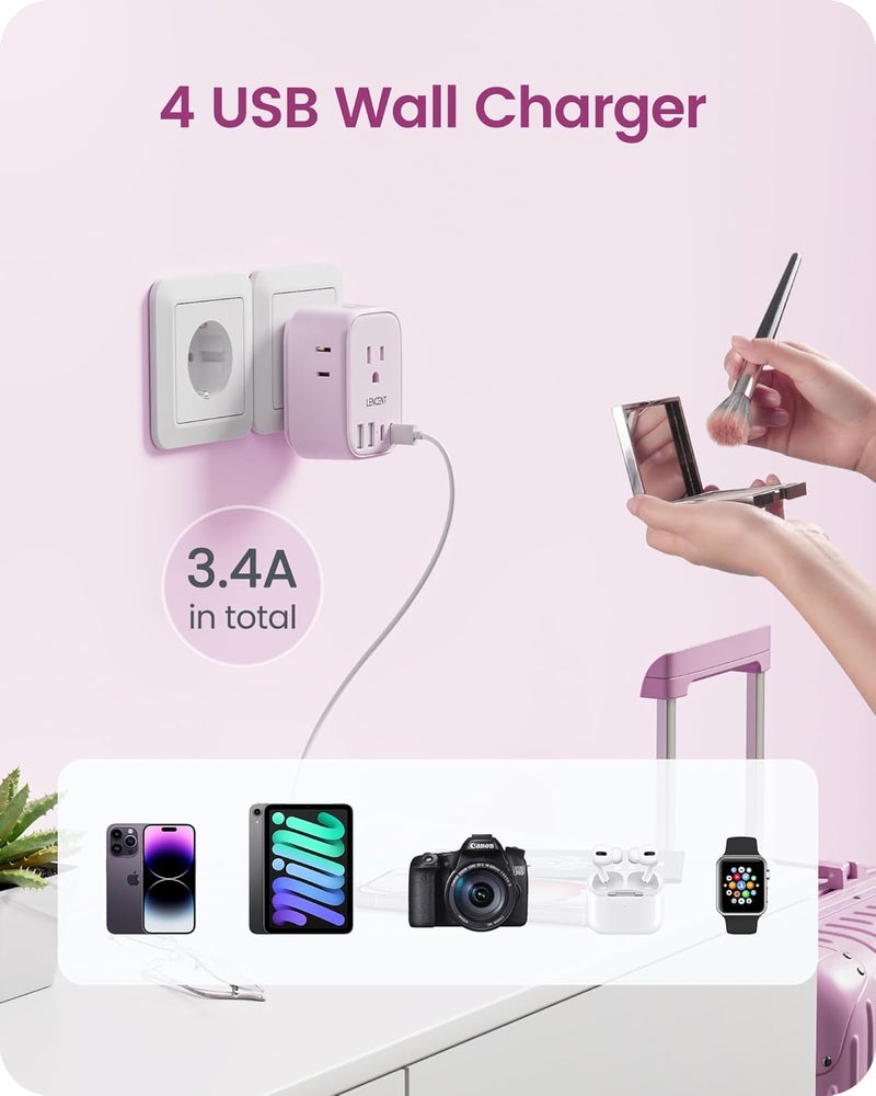 Lencent European Travel Plug Adapter, US to Europe Type-C Foldable Power Plug with 4 Outlets 4 USB Ports (2 USB C), Power Adaptor for USA to EU Euro Iceland Spain Italy France Germany Greece, Pink - Image 5